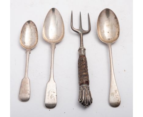 A mixed group of silver and silver plate including; a George III Fiddle pattern table spoons, engraved initials, London 1809,