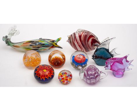 Four Murano style glass fish. In various colours together with a range of paperweights including Caithness and other art glas