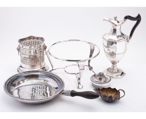 A group of silver plate items including; a chaffing dish and stand, a hot water jug of octagonal vase shape with loaded base 