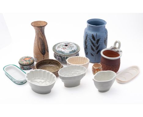 A collection of various studio pottery vases. Including D Yardley and others together with four ceramic jelly moulds etc. 