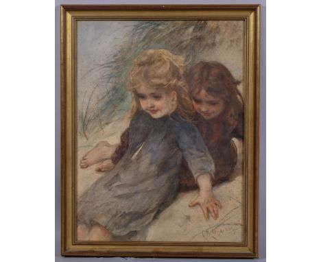 Otto Theodore Lyde, portrait of 2 girls on the sand dunes, 19th century watercolour, signed, 50cm x 38cm, framed Foxing aroun