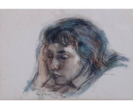 James Forsyth, portrait of June Brown (actress), signed and dated 1948, 19cm x 28cm, framed, together with copy pages from he