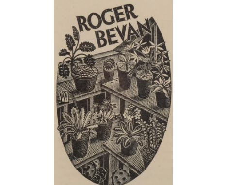 Eric Ravilious (1903-1942), wood engraving on paper, Bookplate for Roger Bevan, 10.3cm x 6.5cm, mounted, glazed and framed. P