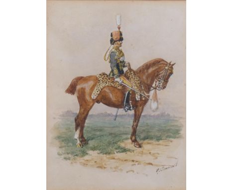 Richard Simkin (1840 - 1926), 11th Prince Albert's Own Hussars, watercolour, signed, 18cm x 14cm, framedPaper discolouration 