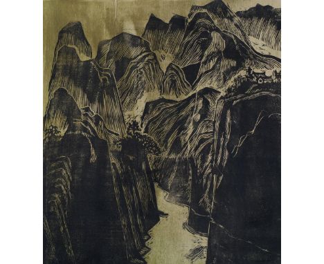 Chen Chi-Mao, mountain scene, woodcut print, signed in pencil, 1976, no. 1 of 20, sheet 63cm x 50cm, unframedSheet has been r