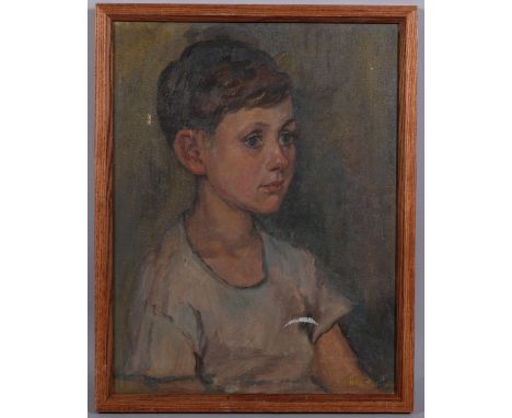 Mid-20th century portrait of a boy, oil on canvas, indistinctly signed, 46cm x 36cm, framedSmall hole in the canvas to the le
