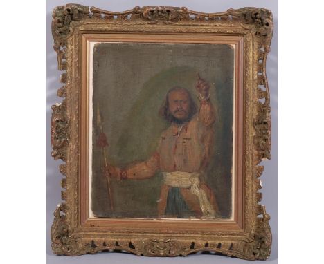 19th century portrait of a man holding a spear, oil on board, unsigned, 29cm x 23cm, framedBoard has been stuck down onto a m