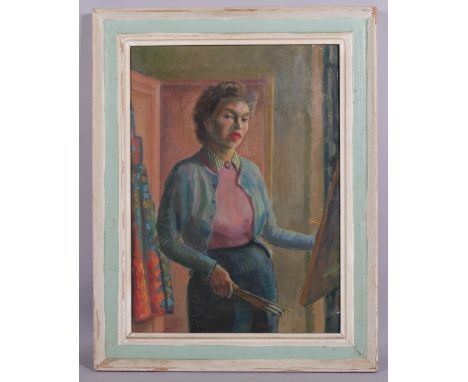 Miss E Browne, self portrait of the artist, oil on canvas, circa 1950s, 66cm x 48cm, framed with exhibition label versoPatch 