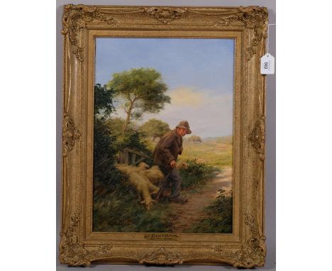 Ernest Chateignon (1863 - 1910), shepherd and sheep, oil on canvas, signed, 46cm x 32cm, framedGood condition, 1 small patch 