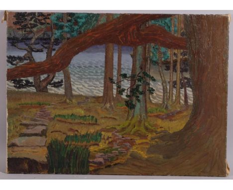 George Poole (1915 - 2000), woodland scene with river, mid-20th century oil on canvas, signed, 56cm x 76cm, unframedGood orig