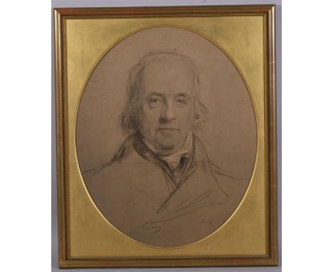 19th century portrait of a gentleman, charcoal/chalk on paper, unsigned, 56cm x 45cm, framedEven paper discolouration, 1 fox 
