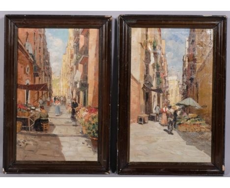 R Pasini, pair of Naples street scenes, oils on canvas laid on board, signed, 45cm x 27cm, framedImages are in good condition