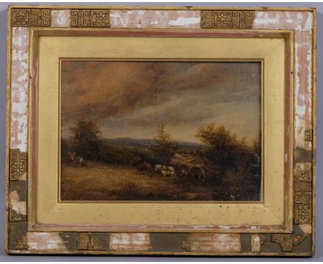 Timber workers in a storm, 18th century oil on wood panel, unsigned, 16cm x 22cm, framedPanel has a very fine split near the 