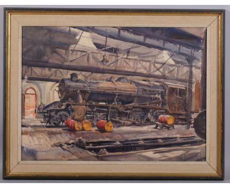 Ralph Hartley (1926 - 1988), railway engine shed, 55cm x 75cm, framedGood condition 