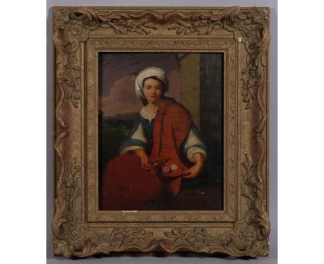 19th century portrait of a flower seller, oil on wood panel, unsigned, 29cm x 23cm, framedNo damage or overpainting, no split
