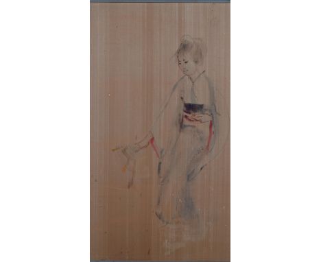 Edna Hibel (1917 - 2014), Japanese portrait, oil on silk laid on board, 39cm x 68cm, framed, provenance: the Marble Arch Gall
