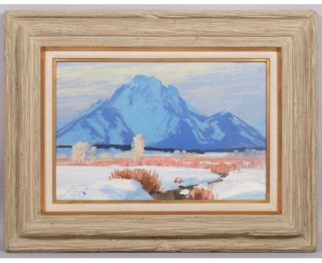 Conrad Schweiring (American, 1916 - 1986), Dusk, Teton Wyoming, oil on board, signed, original labels and inscriptions verso,