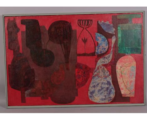 Red abstract composition, mid to late-20th century oil on board, unsigned, Orford Gilding Workshop framing label verso, paint