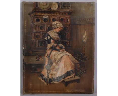 P Criscuolo, woman spinning, oil on canvas, signed, 46cm x 36cm, unframedSeveral small holes in the canvas, light stretcher m