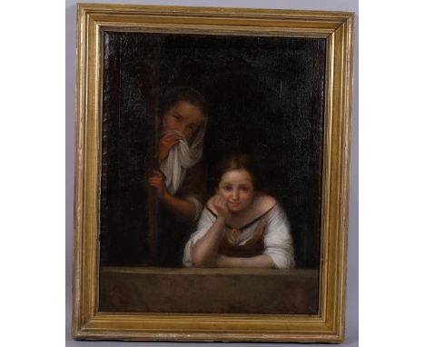 Portrait of 2 girls at a window, 18th/19th century Continental School, unsigned, 71cm x 56cm, framedGood condition, no canvas