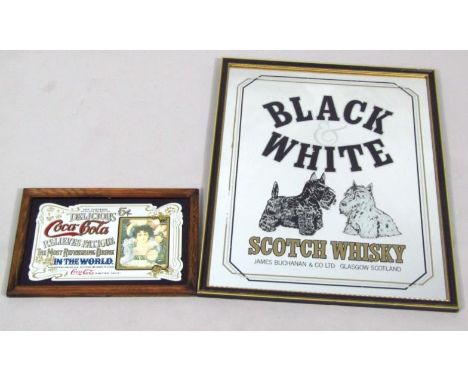 A reproduction Black and White Scotch Whiskey advertising mirror, with part coloured glass in Hogarth frame, 60cm x 48cm, and