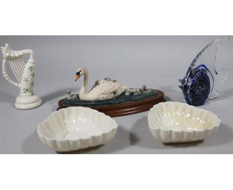 A modern Belleek model of a harp, green dog mark beneath, 16cm high, two heart shaped dishes with black marks beneath, glass 