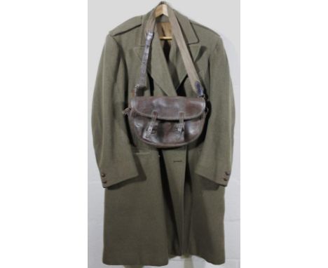 A green army overcoat, single breasted with leather satchel, size unknown.