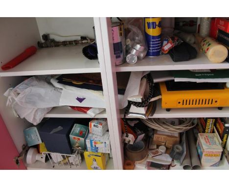 Various, gaffer tape, light bulbs, etc, the contents of the double cupboard. (a quantity)