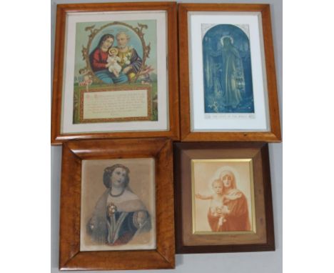 A 19thC birds eye maple frame, containing a mixed media portrait of a lady with added hair band and floral bouquet, print, in