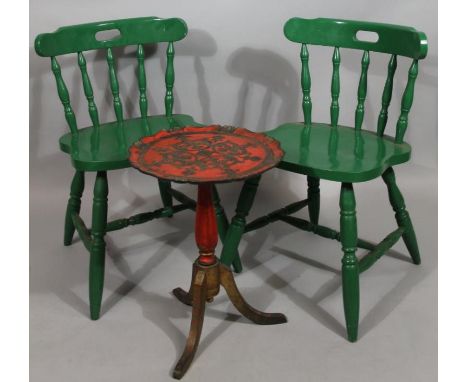 An oriental design tripod table, in red lacquer finish, on baluster column terminating in triple supports, 54cm high, 40cm wi