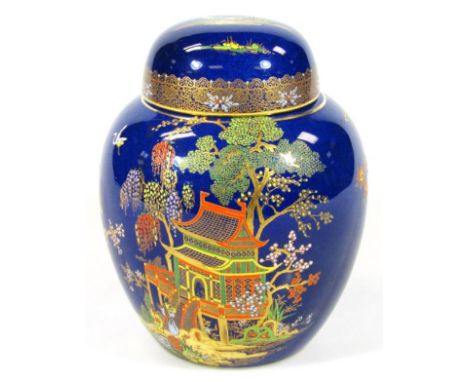 A 20thC Carltonware Bleu Royale Mikado ginger jar and cover, with circular outline, domed lid, printed marks beneath, 23cm hi
