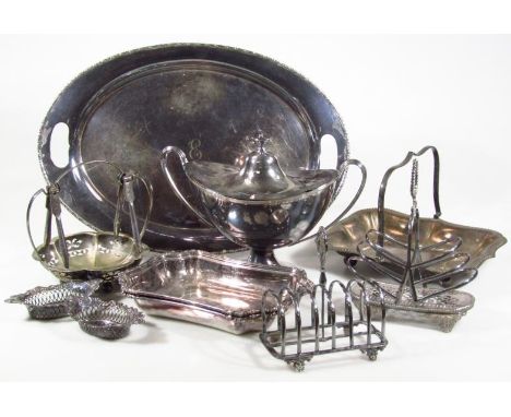 Various silver plate, to include an early 20thC Neo-Classical design sauce tureen, with strap work handles on oval foot surmo