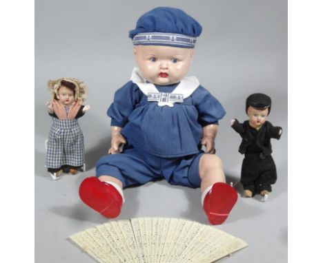 Various toys, dolls, etc, Celluloid style sailor doll, 36cm high, Sweep, plastic hand fan, etc. (a quantity)