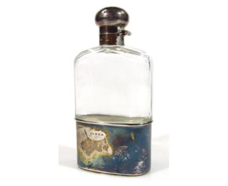 A George V silver and glass hip flask, with compressed orb knop and (removable) silver lower case, Birmingham 1920, 18cm high