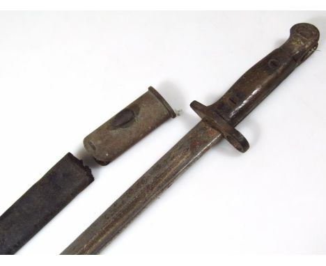 A late 19th/early 20thC bayonet and scabbard, with wide blade, wooden handle and metal tipped hilt, 58cm long.