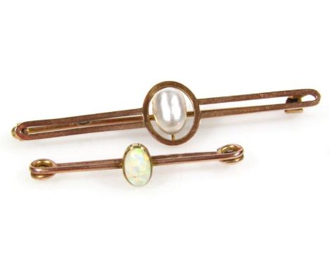 A natural pearl bar brooch, and opal brooch.