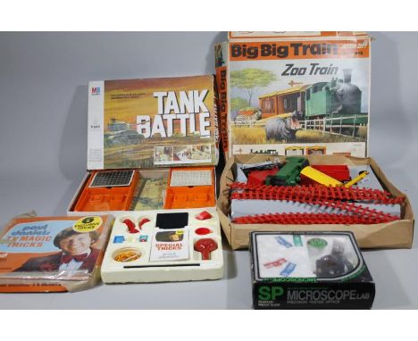 A Big Triang Trainset, partially boxed, and a quantity of other child's toys, microscope, 17cm high, Paul Daniels TV Magic Tr