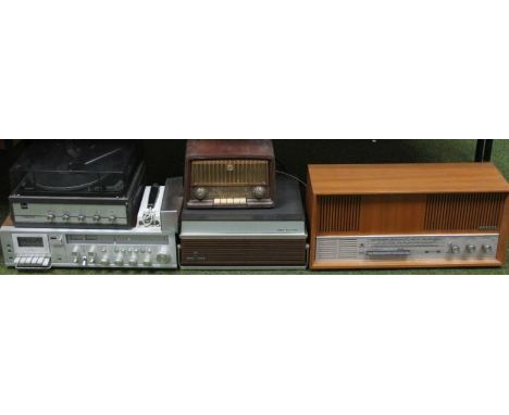 A retro teak cased Grundig radio, with part pierced front 61cm wide, various other Grundig items, Ferguson Cassiever stacker,