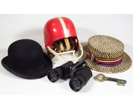 Haberdashery, collectables, etc., a Ferguson Edger straw boater with striped sash, a Dunn and Co bowler hat, a plastic Americ