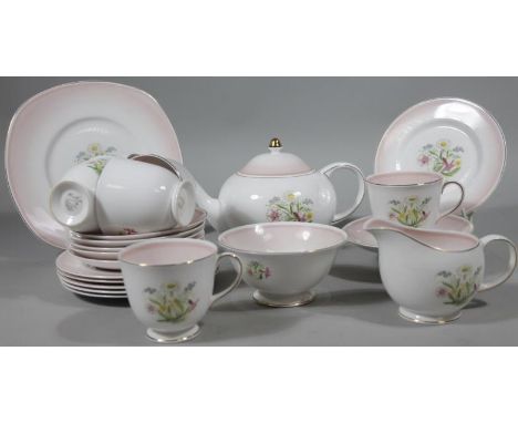 A Susie Cooper bone china Romance Pink pattern part tea service, comprising teapot, 14cm high, milk jug, sugar bowl, cups, se