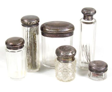 Various George V and other silver table jars, hobnail cut jar with compressed silver lid, 7cm high, needle jars, patch jar, e