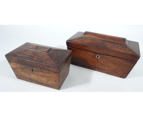 A 19thC rosewood tea caddy, of sarcophagus form hinging to reveal a vacant interior and another smaller. (2)