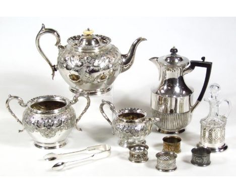 Various silver plate, to include part tea service, water jug with part gadrooned decoration and angular handle with compresse