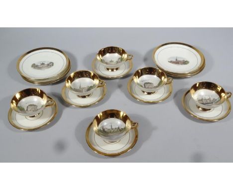 A Copenhagen Denmark part tea service, hand touched and transfer printed with various scenery, country houses, stately homes,