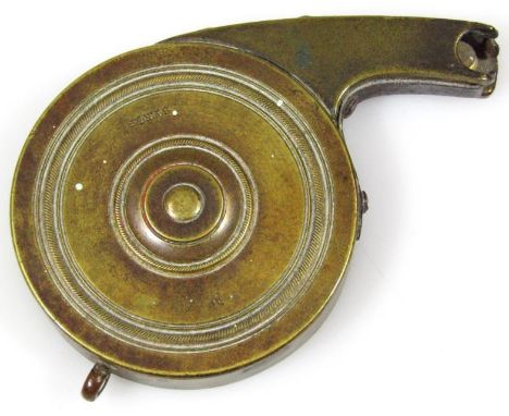 A 19thC Sykes M patented shot flask, of circular outline with side spout and hook end, of small proportion, 8cm wide.