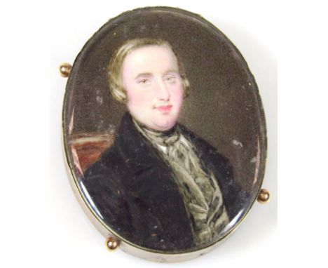 19thC English School. Portrait miniature, of a gentleman quarter profile wearing neck chief and black jacket, gouache, probab