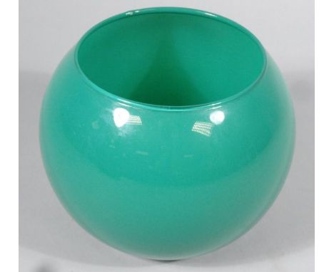 A jade coloured green glass Studio bowl, of plain globular outline, partial marks beneath, 17cm high.