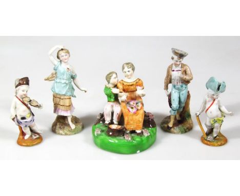 Various 19thC and later Continental figures and groups, to include a lady aside child, polychrome decorated with a bocage bas
