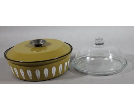 An Italian plain glass domed cover, on stand and an enamel retro Cathrineholm sauce pot and cover. (2)