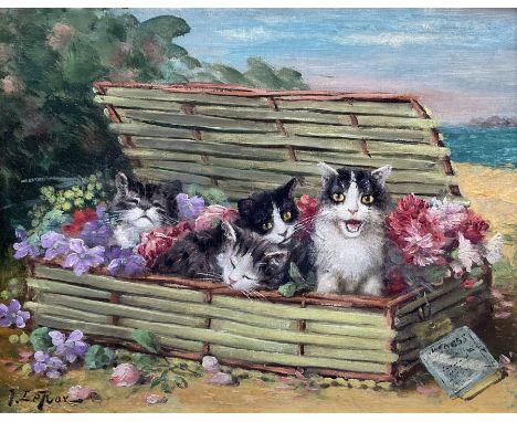 Jules Gustave Le Roy (French 1856-1921): Kittens in a Basket of Flowers on the beach, oil on canvas signed 32cm x 40cmConditi
